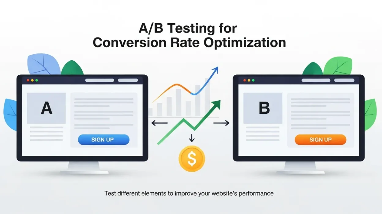 A/B Testing for Conversion Rate Optimization showing split website variations and user engagement metrics