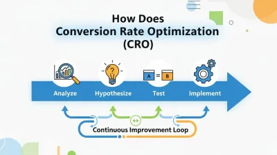 Digital marketer analyzing website Conversion Rate optimization data on laptop screen.