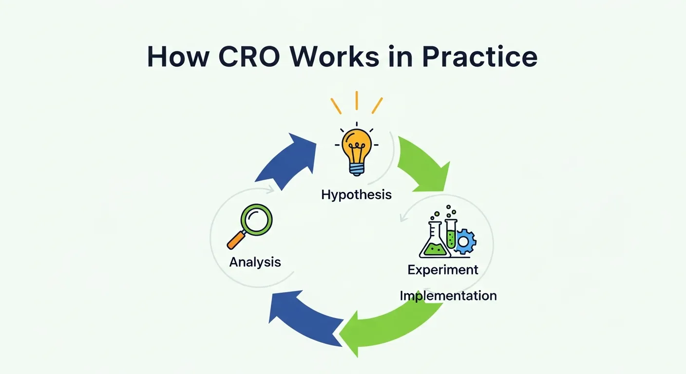 Step-by-step Conversion Rate Optimization process chart illustrating data collection, testing, and improvement cycle.