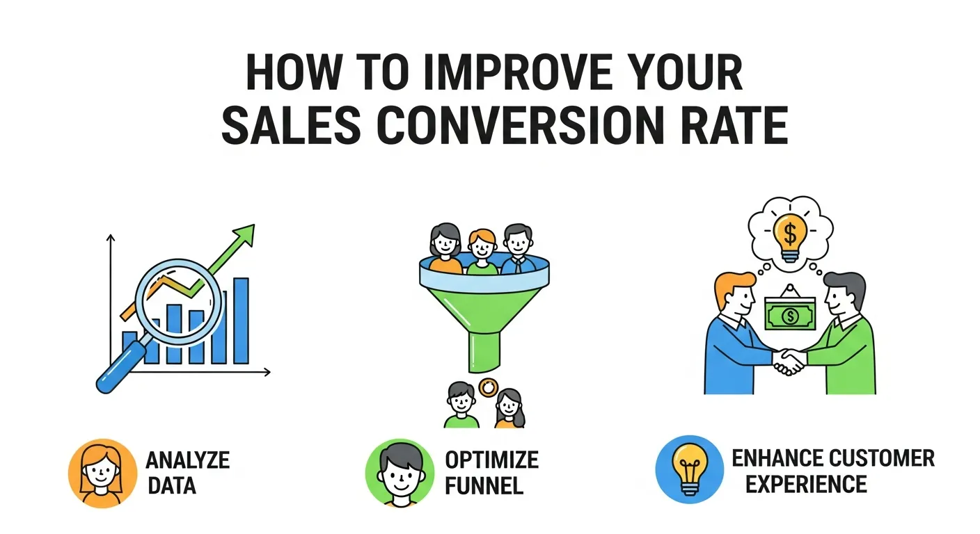 Strategies to achieve a good sales conversion rate with steps like lead refinement, landing page optimization, and AI-powered sales automation