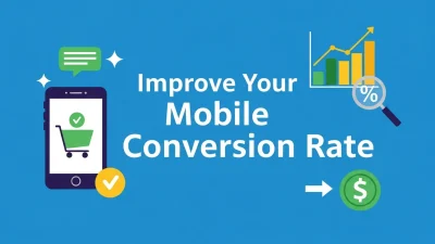 Mobile Conversion Rate optimization concept showing a user interacting with a smartphone, with charts, analytics, and e-commerce icons illustrating strategies to improve mobile site conversions.