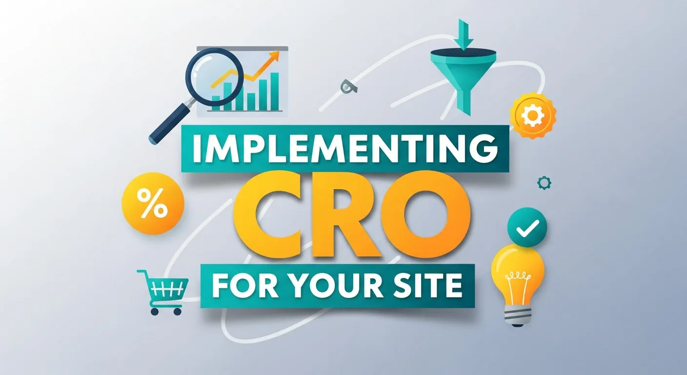 Step-by-step guide to Conversion Rate Optimization showing website analysis, A/B testing, landing page optimization, and iterative improvements