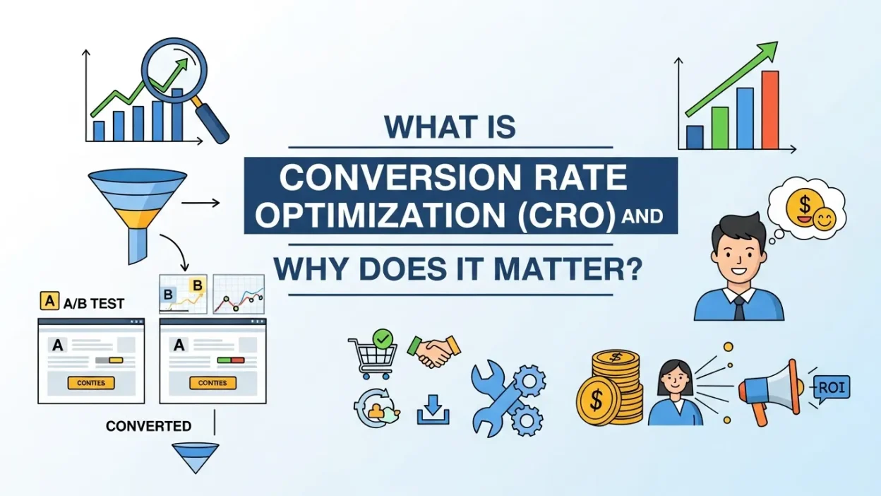 Marketing expert analyzing website data and optimizing landing pages to improve conversion rate through Conversion Rate Optimization strategies.