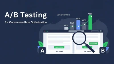 A/B Testing for Conversion Rate optimization concept with split screen showing two webpage variations, highlighting improved user engagement, CTA buttons, and data-driven marketing insights.