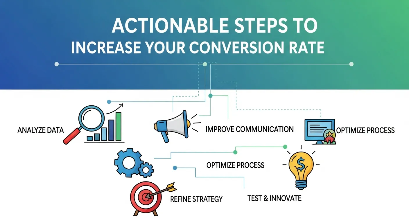 Steps for Conversion Rate Optimization including audience analysis, landing page improvements, and CTA optimization to boost conversions.
