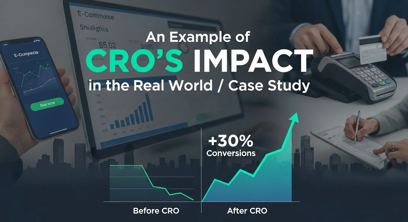 Case study showing CRO improvements in an e-commerce checkout process, demonstrating higher conversions and revenue growth after optimization