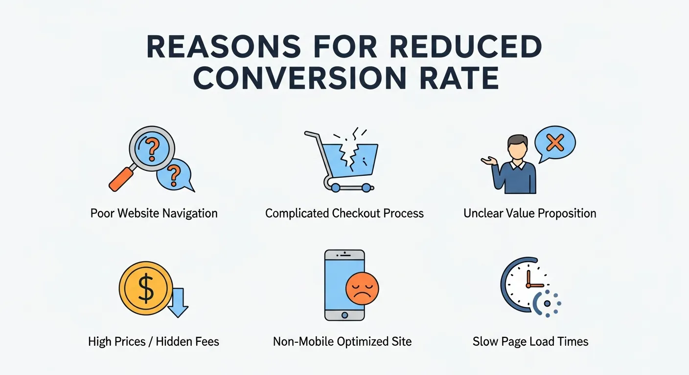 Common website issues that reduce conversion rate drop-offs, including poor design, distractions, and complex checkout processes