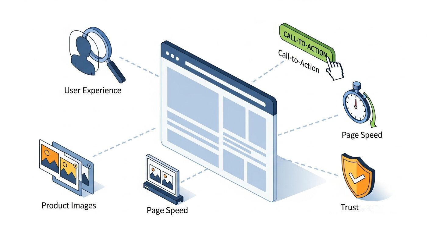 Webpage with icons showing factors that influence conversion rate.