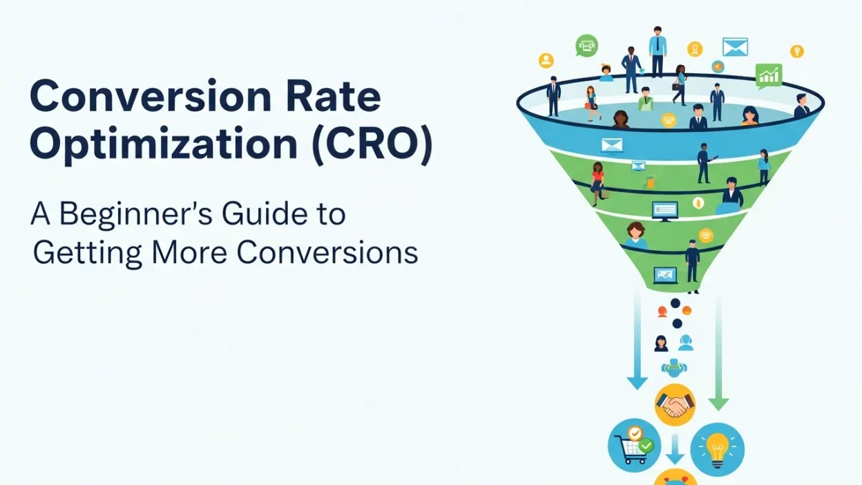 Illustration of a website funnel with increasing conversion rate optimization, featuring AI chatbots, automation tools, and data-driven analytics.