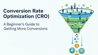 Illustration of a website funnel with increasing conversion rate optimization, featuring AI chatbots, automation tools, and data-driven analytics.