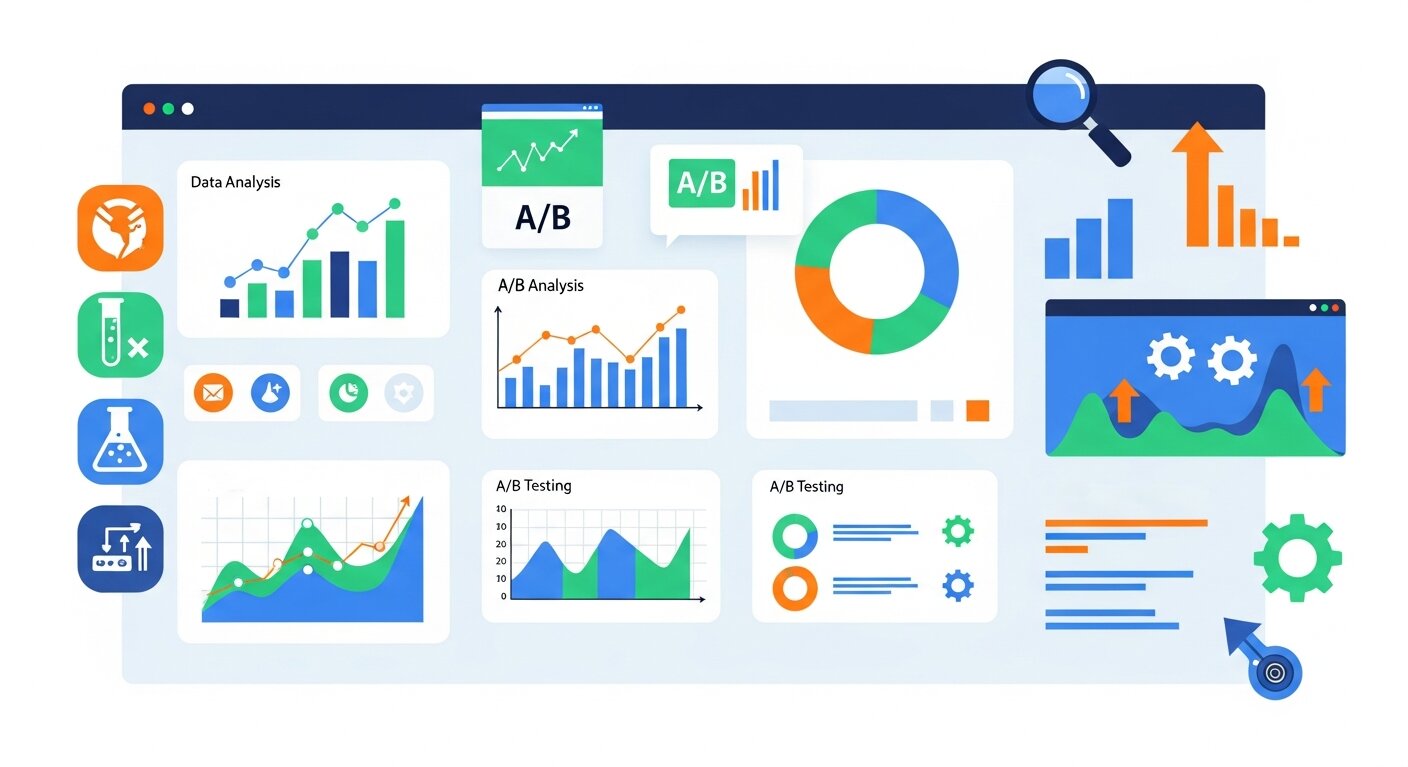 Dashboard showing core elements of CRO programs like data analysis and testing.