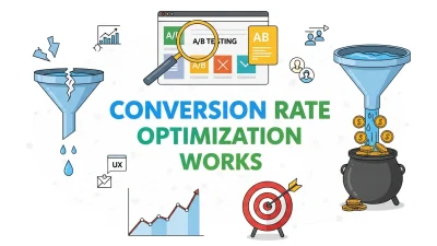 Conversion Rate Optimization process showing website analytics, A/B testing, and strategies to boost conversions and improve user experience for higher online sales