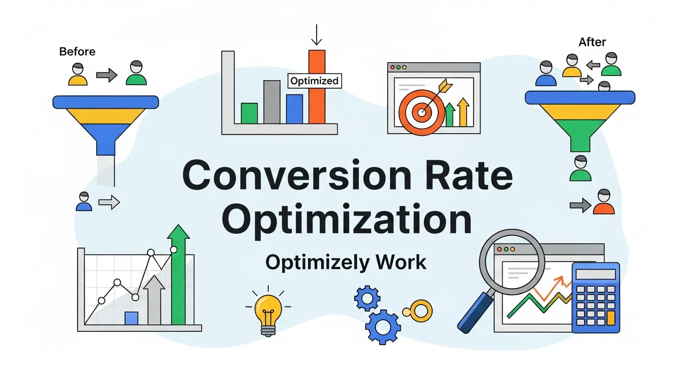 Conversion Rate Optimization in Optimizely dashboard showing A/B testing, goal tracking, and user interaction insights.