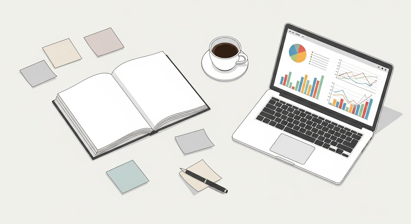 Desk with book, laptop, and notes for CRO learning.