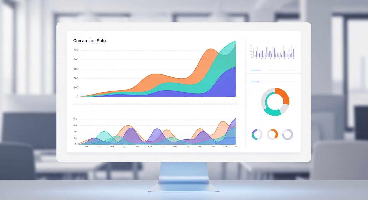 Rising conversion rate and website performance graph.