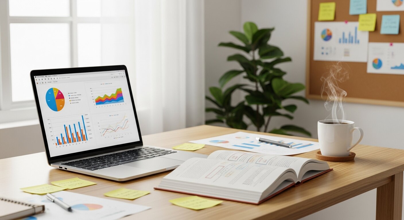 Laptop, book, and charts representing CRO learning and growth.