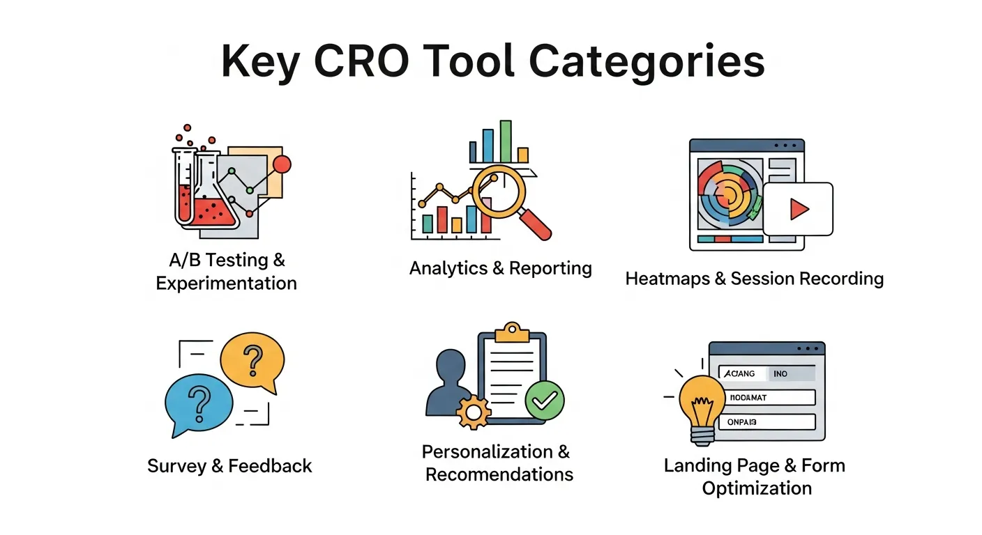 CRO analytics tools like Google Analytics and Hotjar visualizing visitor behavior, heatmaps, and conversion funnel insights.