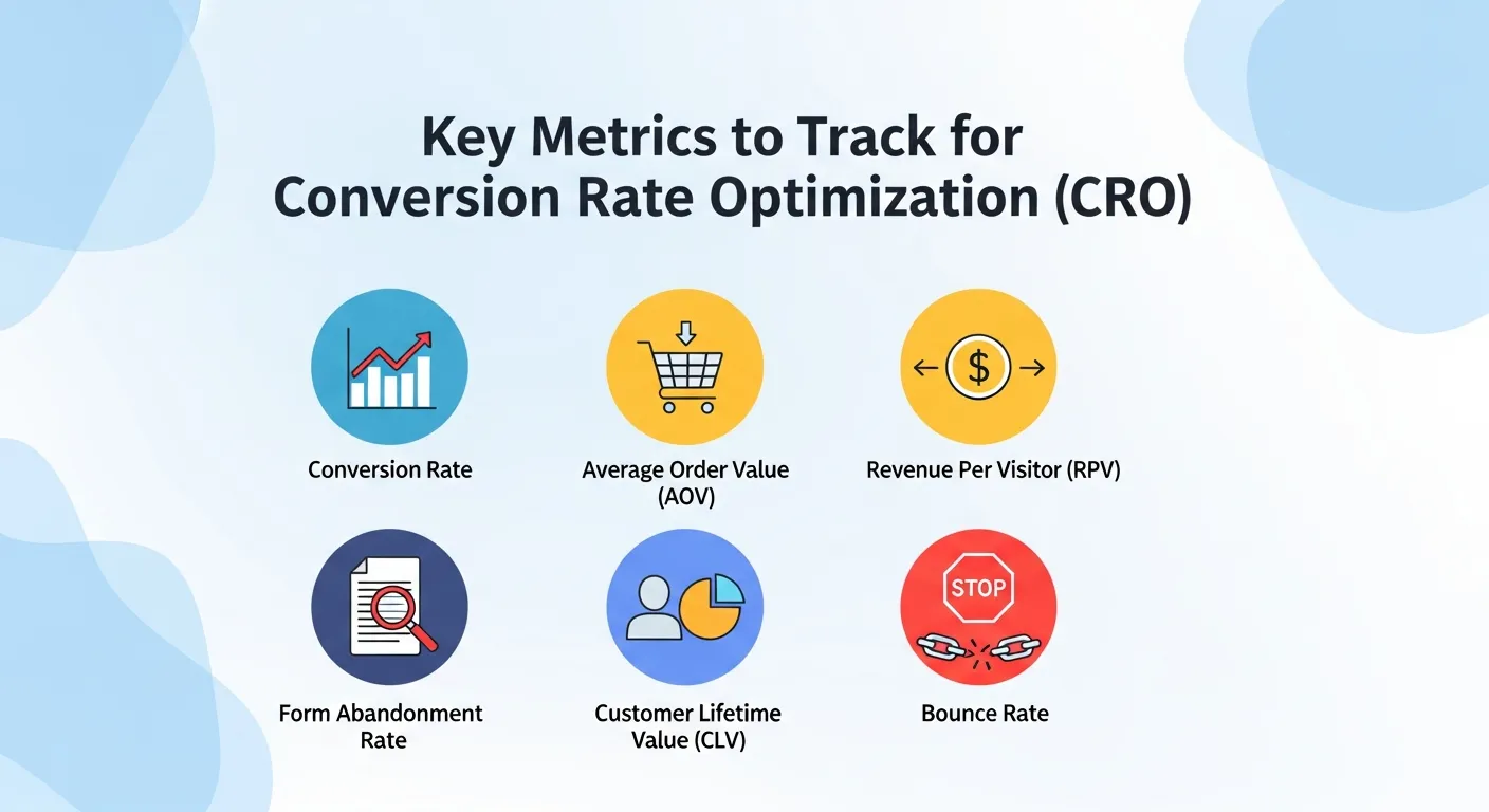 Key metrics to track for Conversion Rate Optimization (CRO) including bounce rate, CTR, session duration, and customer lifetime value for website optimization