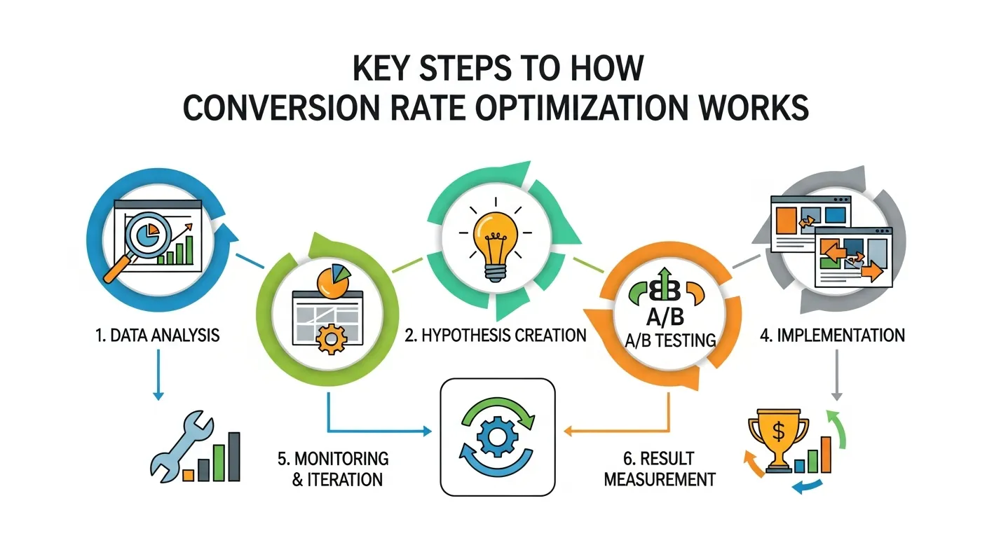 Conversion Rate Optimization process showing step-by-step workflow, including goal definition, audience analysis, A/B testing, and website optimization.