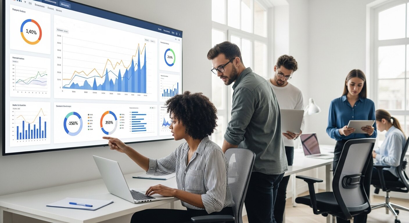Team analyzing website traffic and conversion data on a modern dashboard