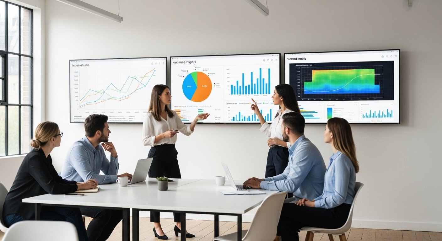 Team analyzing audience insights and user behavior data on screens