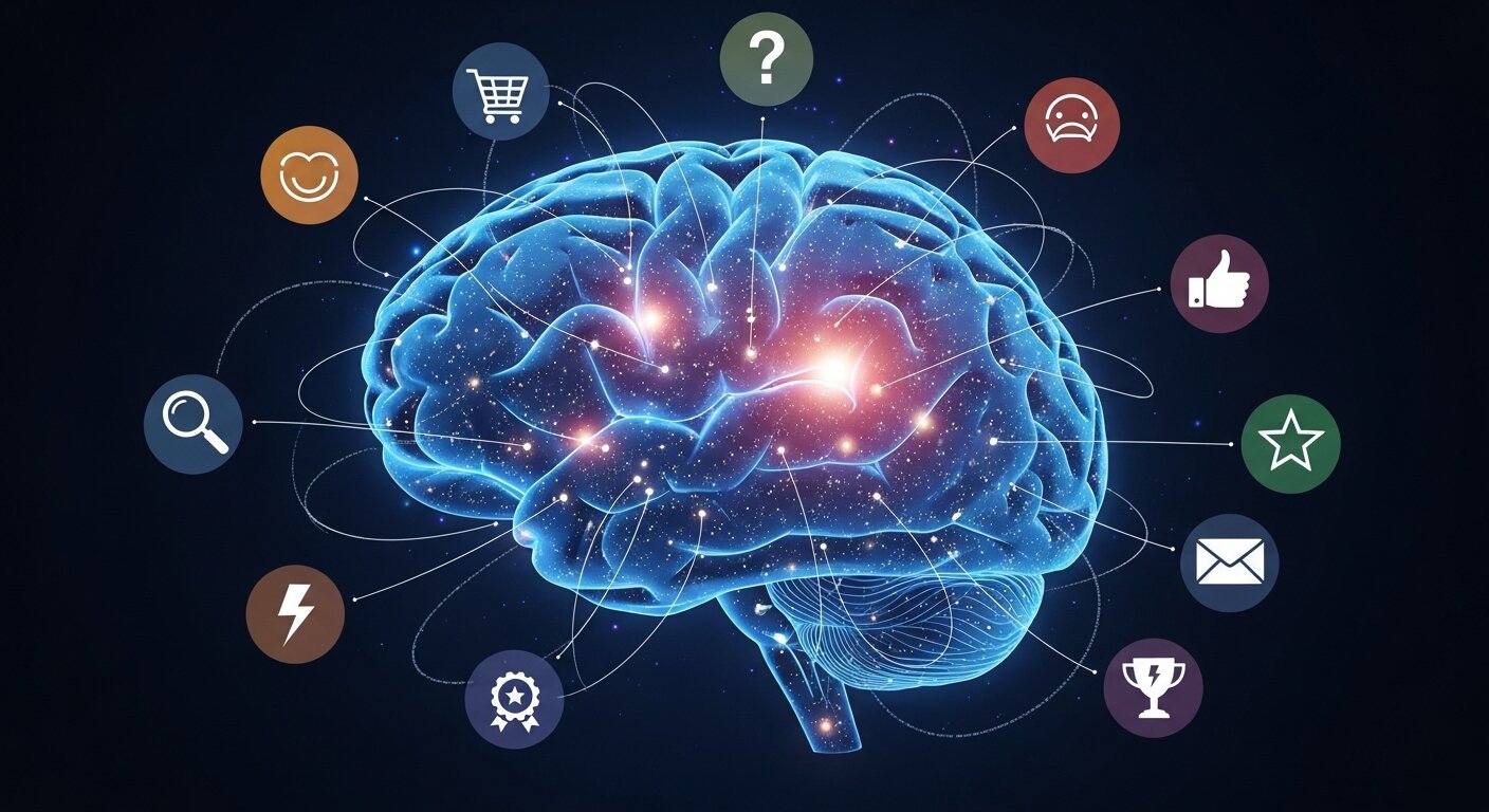 Brain with icons showing psychological triggers in marketing.