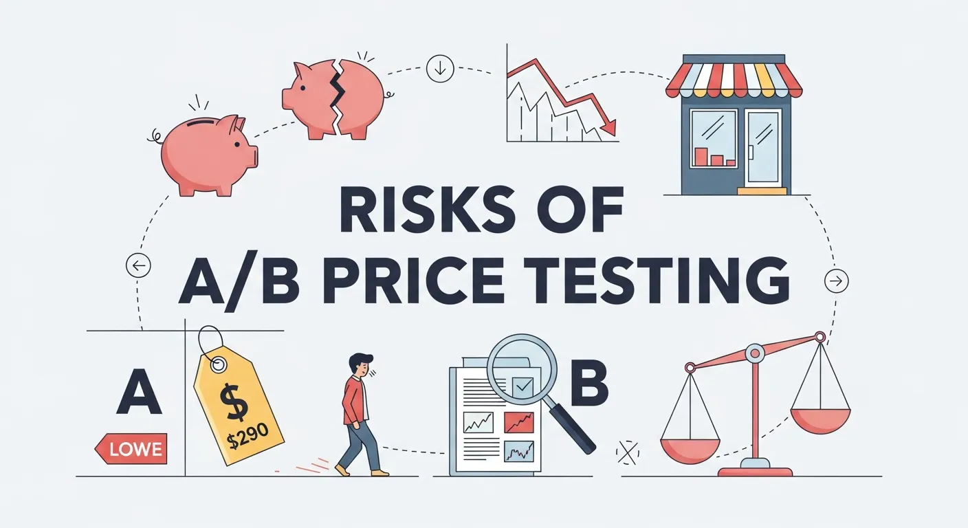 Visual representation of risks in A/B Price Testing including customer trust, lost revenue, and sampling errors.