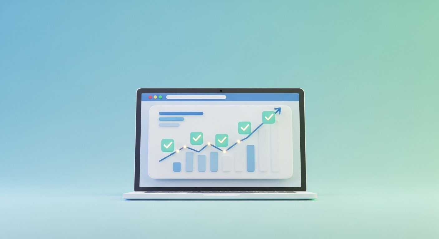 Rising graph with completed checkmarks on screen.