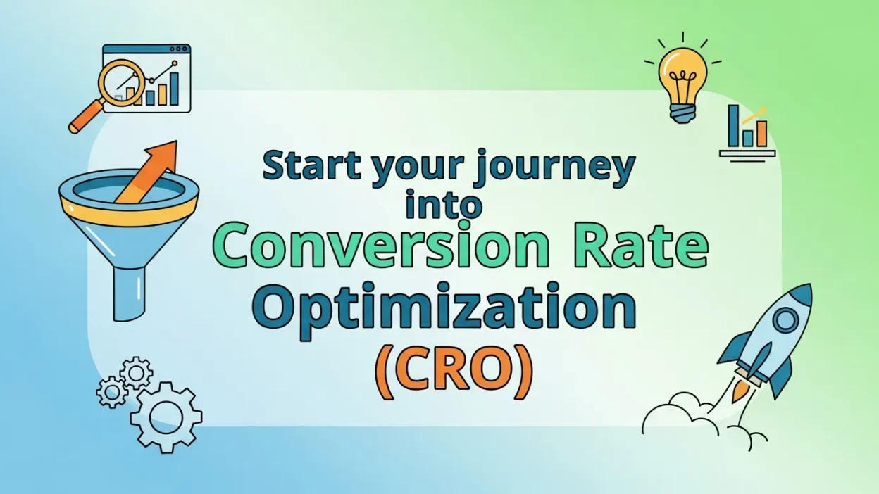 Feature image showing a website optimization process with charts, graphs, and a call-to-action button, symbolizing Conversion Rate Optimization (CRO) strategies for better engagement and results.