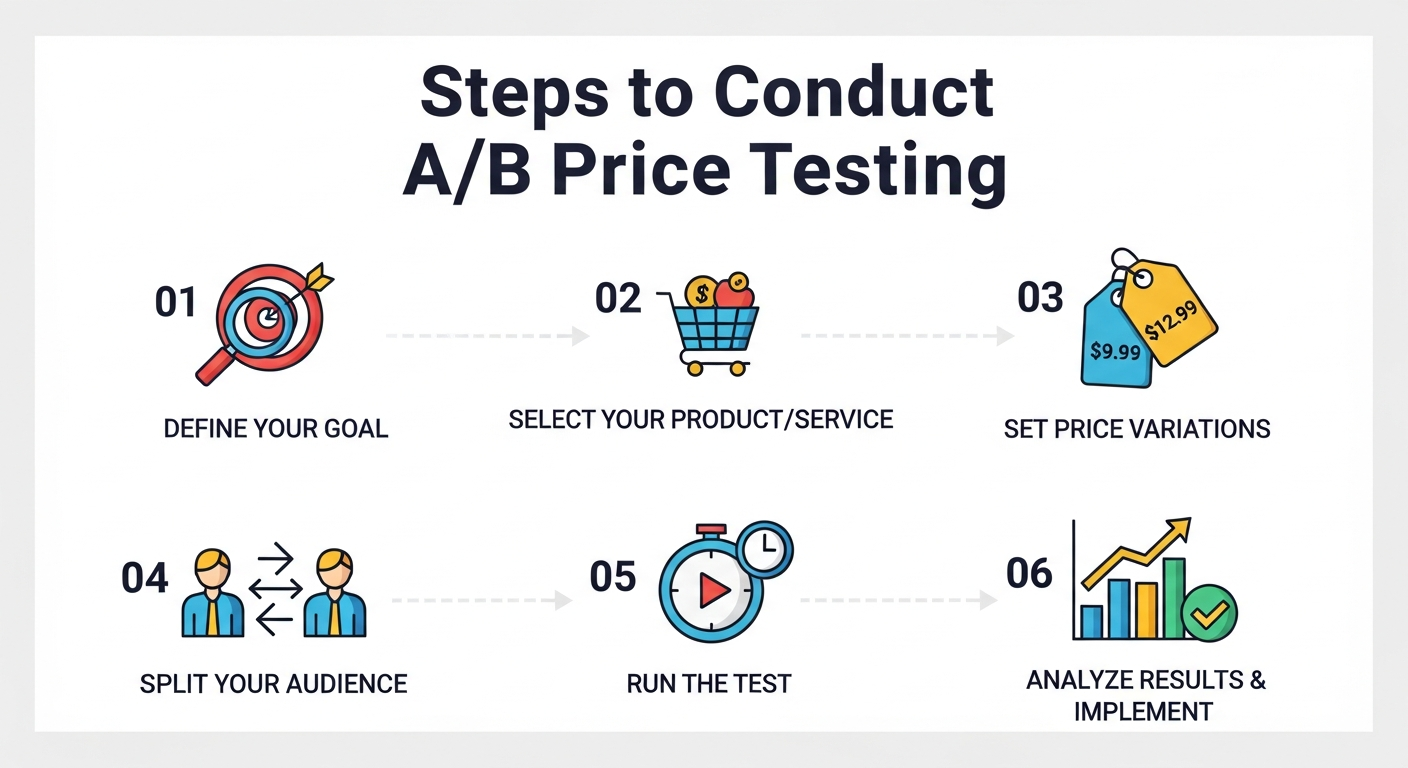 Step-by-step guide infographic for conducting A/B Price Testing including segmentation, metrics, and iteration for CRO success.