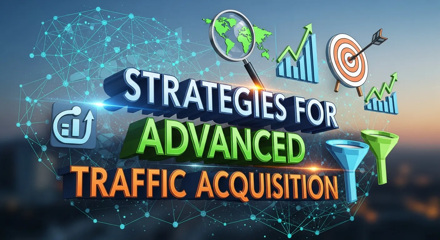 Infographic of advanced traffic acquisition strategies with icons for paid media, content syndication, and influencer partnerships.
