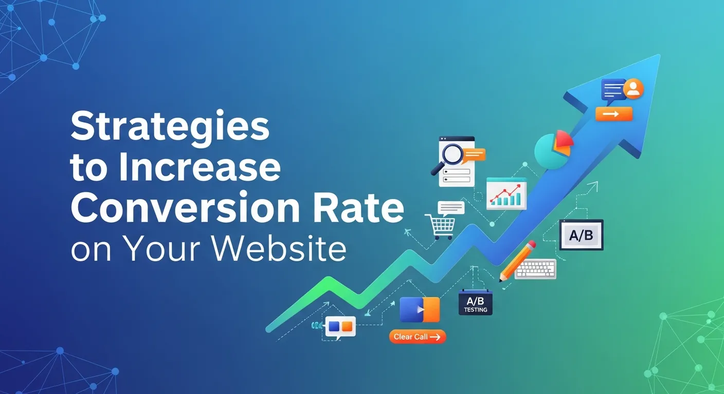 Website showing key strategies for increasing conversion rates, including design, content, and call-to-action improvements