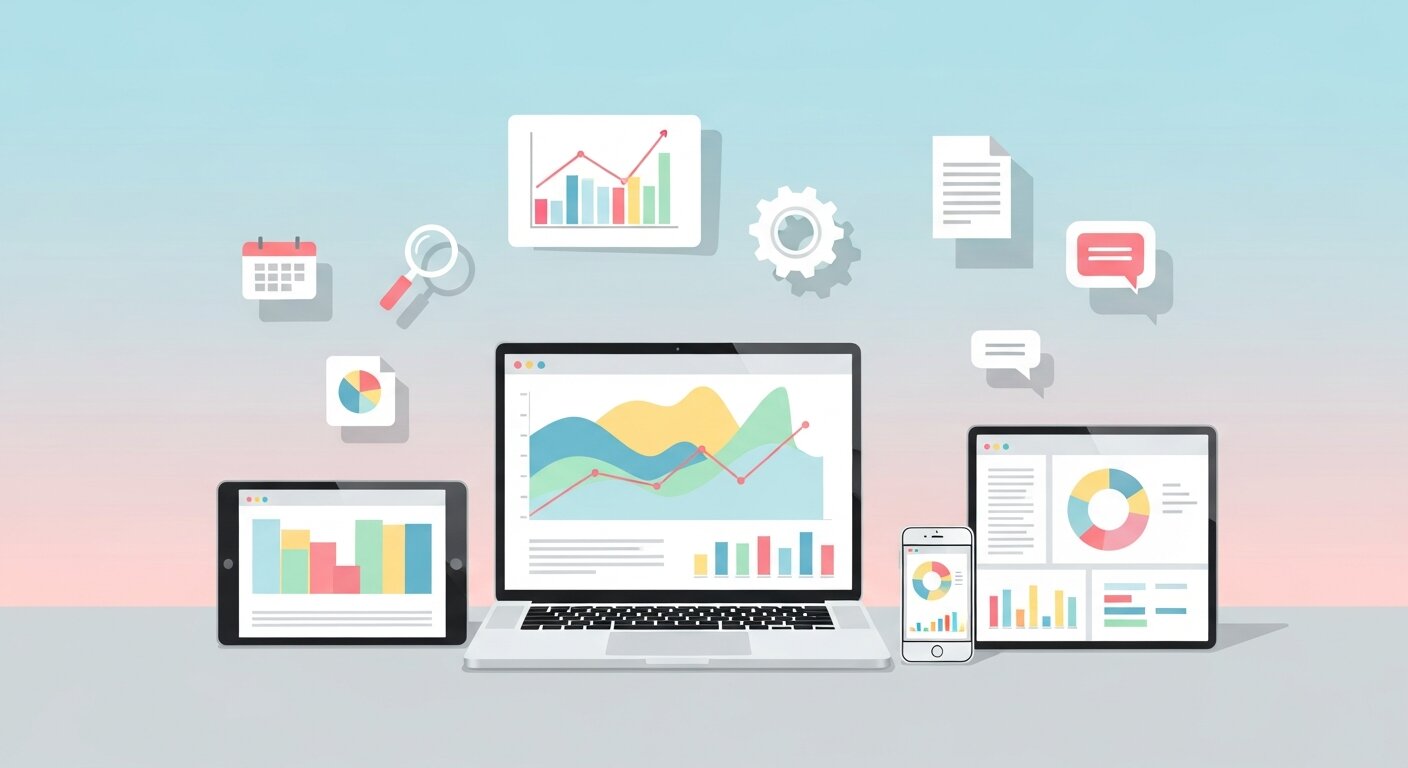 Devices with abstract dashboards and tool icons.