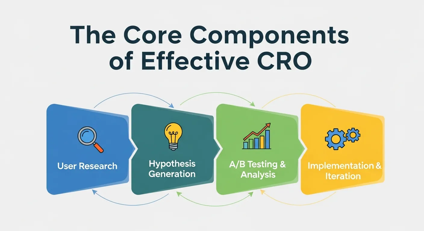 Illustration of core CRO components like speeding up pages, clarifying CTAs, A/B testing, and simplifying checkouts