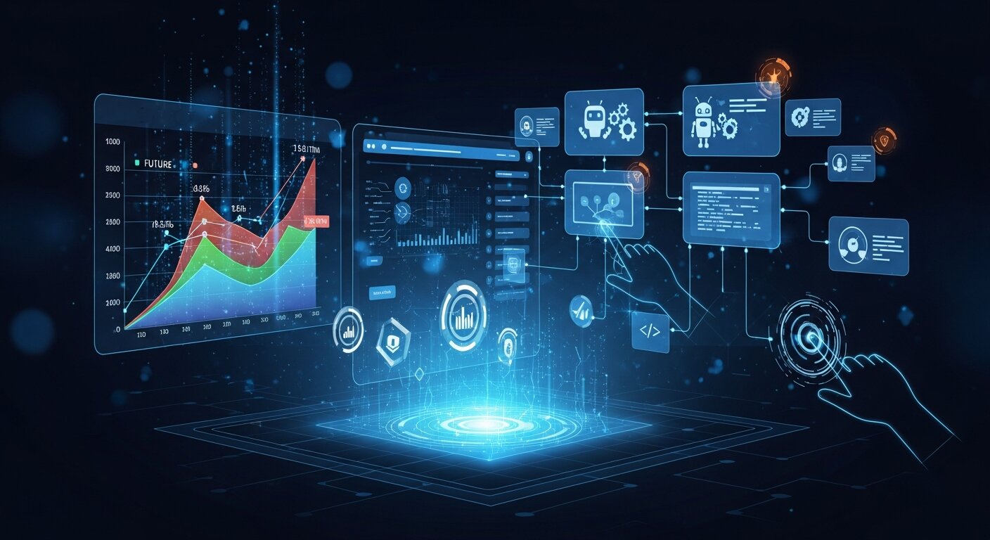 Futuristic illustration of AI and analytics shaping the future of CRO.