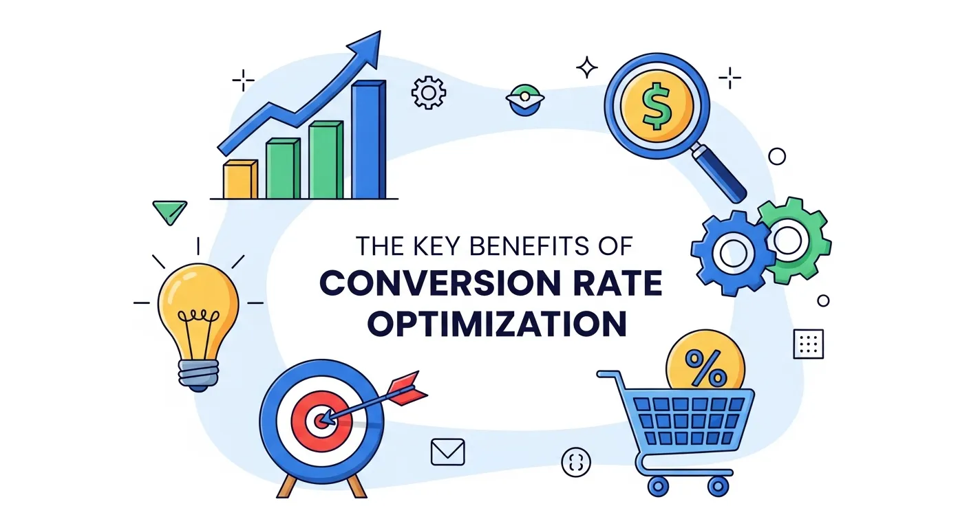 Infographic highlighting the key benefits of Conversion Rate Optimization including increased ROI, improved user experience, and business growth.