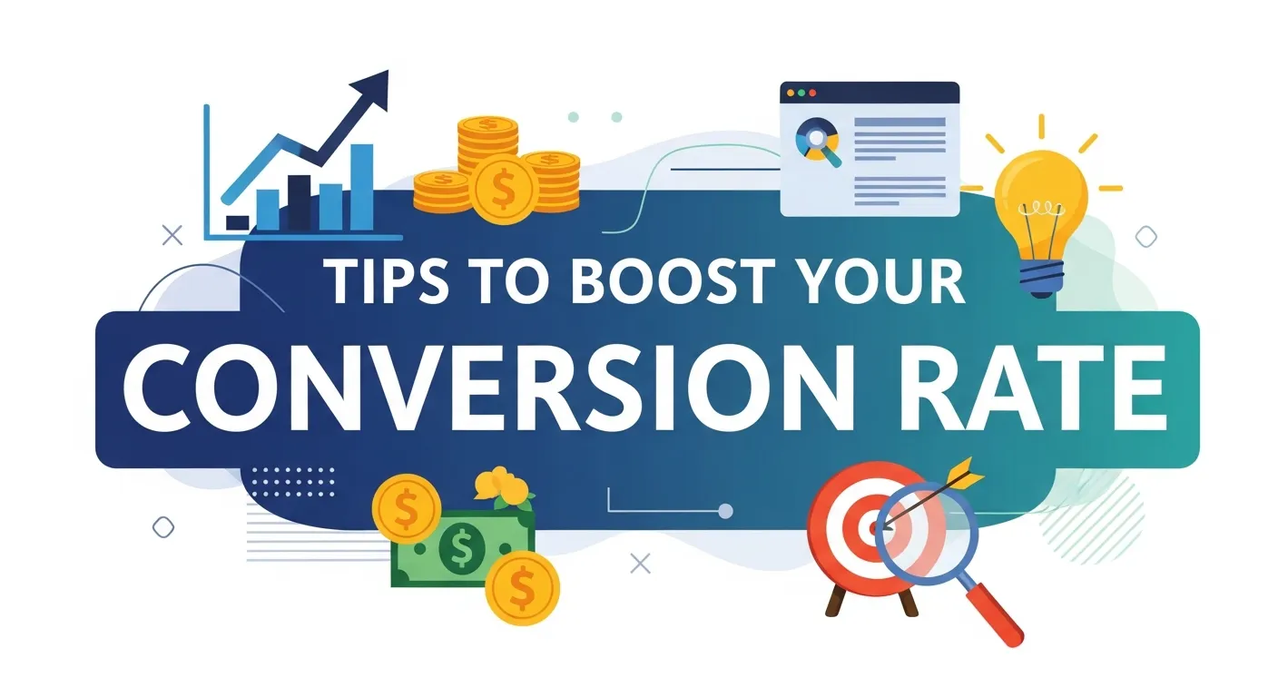 Conversion rate optimization tips including landing page design, A/B testing, and user experience improvements
