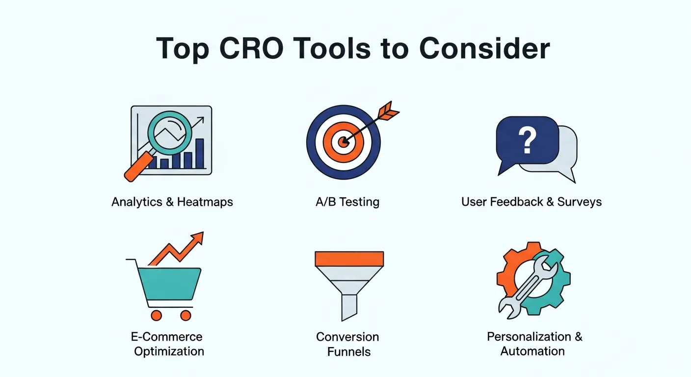 Top CRO tools for conversion rate optimization, including Optimizely, Hotjar, Crazy Egg, Dynamic Yield, and Google Optimize.