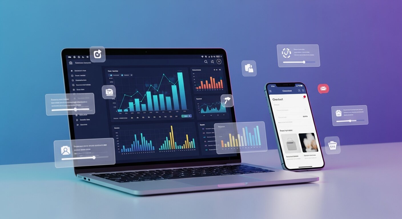 Devices showing analytics and UI elements.