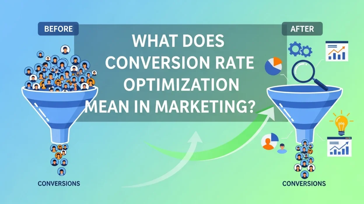 Illustration of digital marketing tools and analytics dashboard showcasing Conversion Rate Optimization (CRO) strategies for improved website performance and ROI