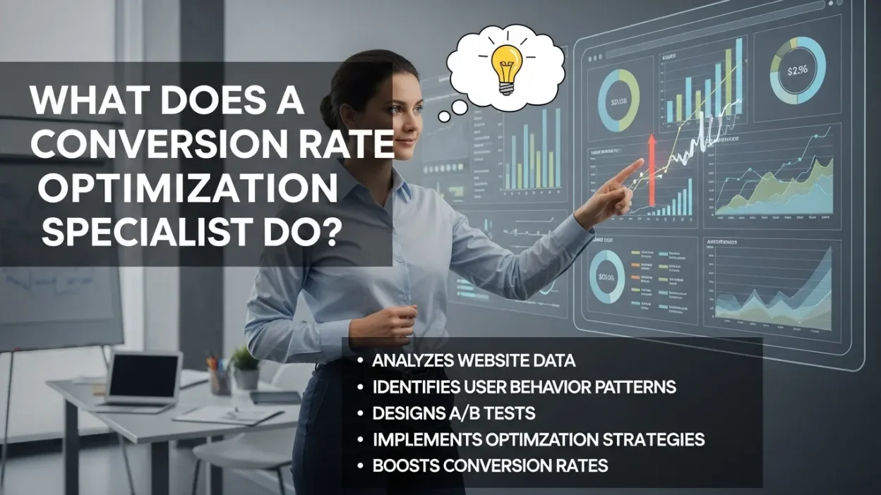 Conversion Rate Optimization Specialist analyzing website data with charts, graphs, and user behavior insights on a computer screen.