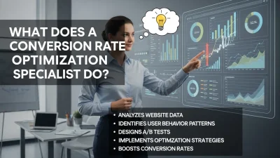 Conversion Rate Optimization Specialist analyzing website data with charts, graphs, and user behavior insights on a computer screen.