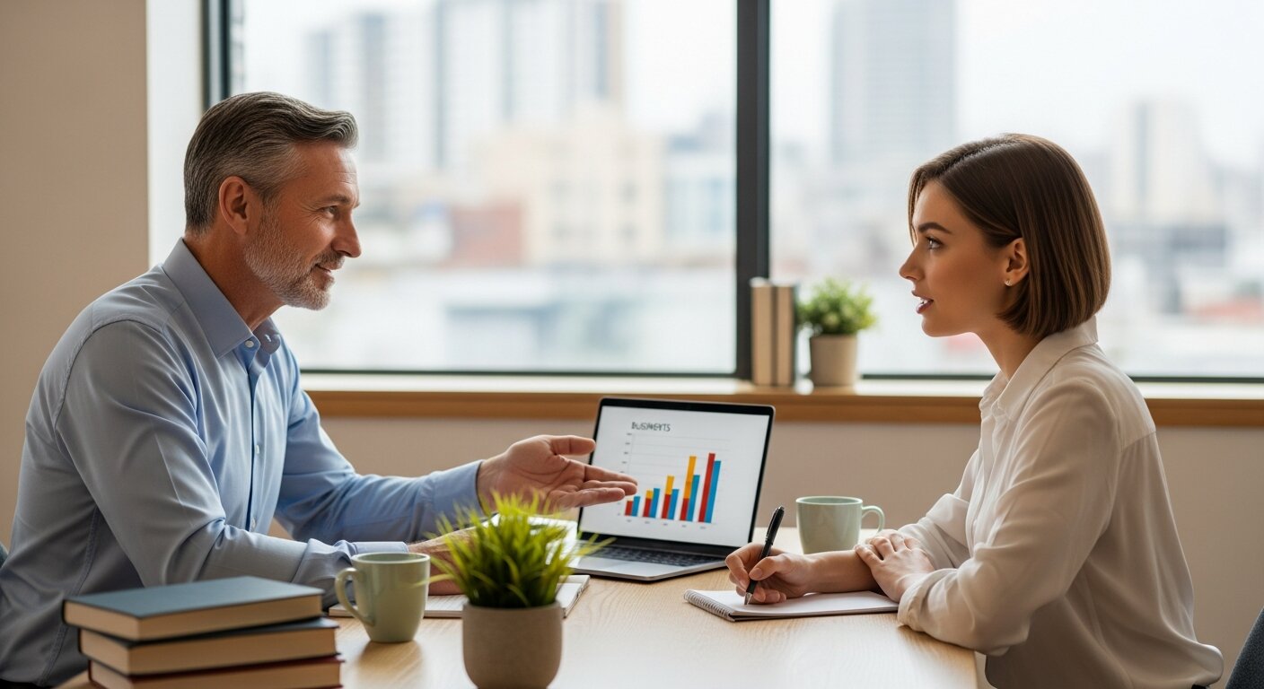 Mentor providing guidance to a young professional.