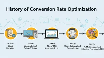 Illustration of Conversion Rate Optimization process with data analytics, A/B testing, mobile optimization, and AI-driven personalization.