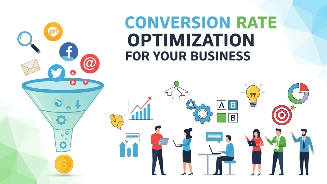 Conversion Rate Optimization (CRO) concept showing website analytics, user behavior tracking, and strategies to increase conversions and maximize ROI.
