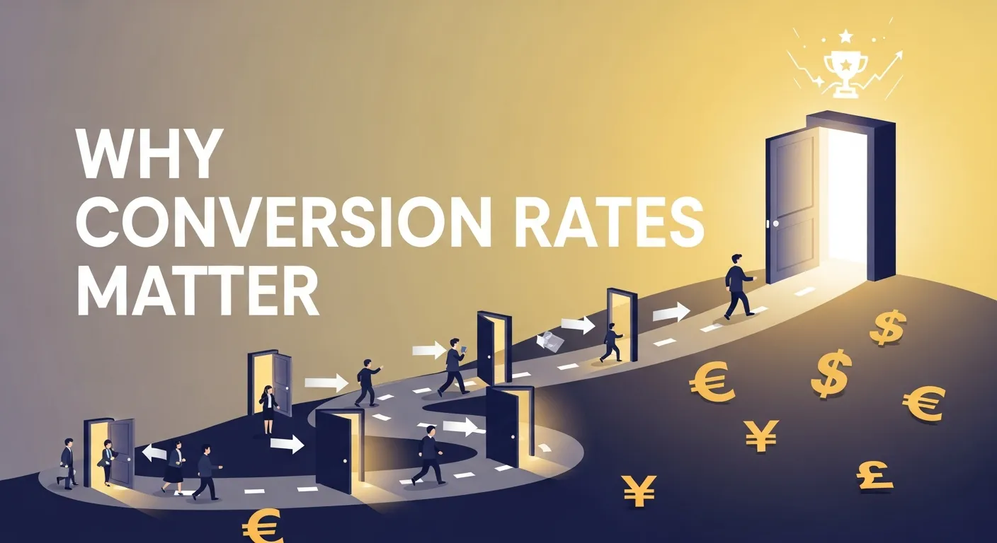 Illustration of website conversion funnel showing visitors turning into paying customers and leads through Conversion Rate Optimization