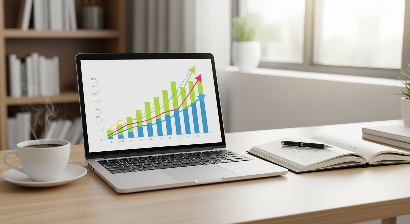 Laptop with growth charts and notebook for CRO learning.