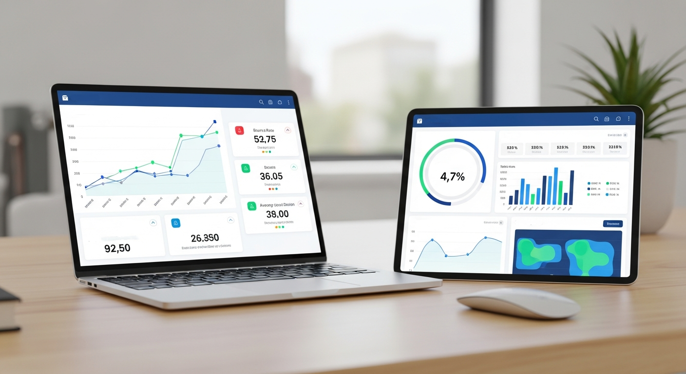 Analytics dashboards showing conversion rate metrics on laptop and tablet.
