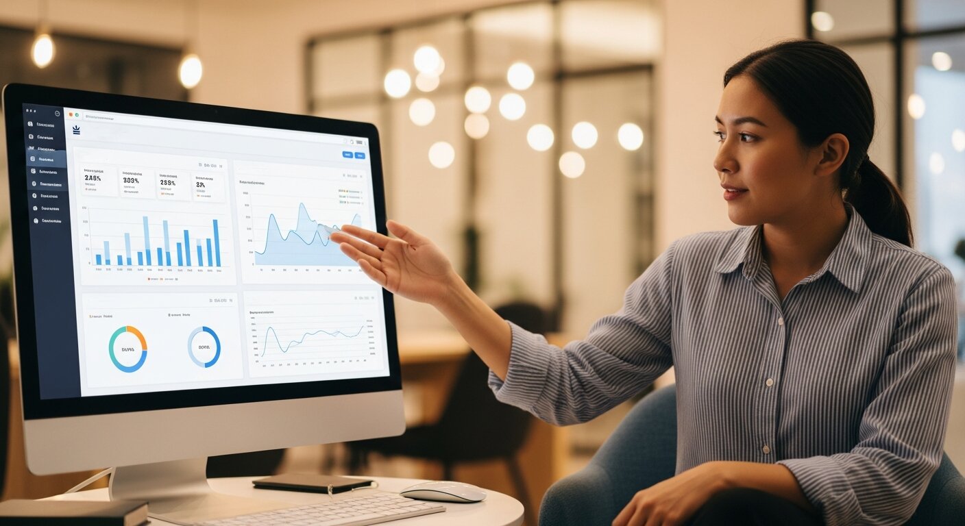 Person reviewing website conversion metrics on a digital dashboard.