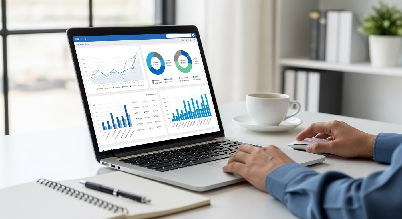 "Person analyzing website data and charts on a laptop for CRO strategies.